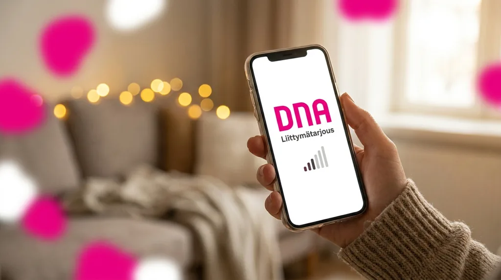 Käsi pitelee älypuhelinta, jonka näytöllä näkyy DNA:n liittymätarjous ja signaalipalkit
