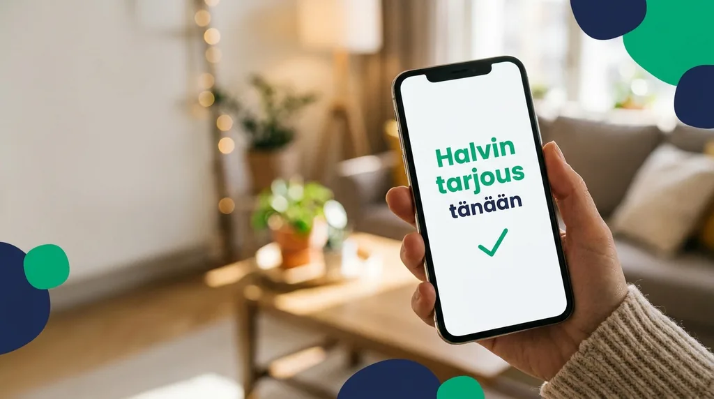 Käsi pitelee älypuhelinta, jonka näytöllä näkyy päivän halvin liittymätarjous