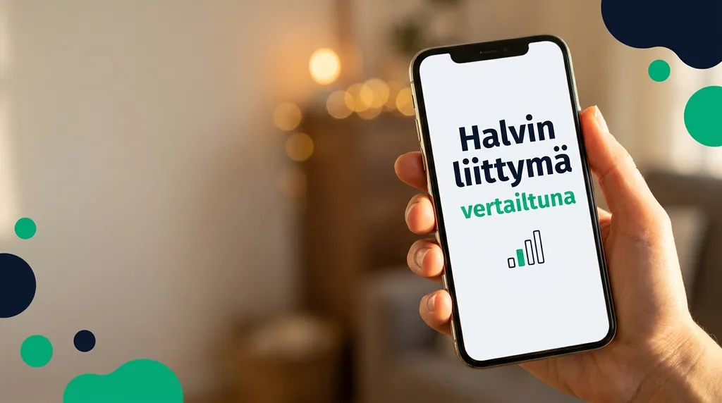 Käsi pitelee älypuhelinta, jonka näytöllä näkyy halvin puhelinliittymä vertailtuna