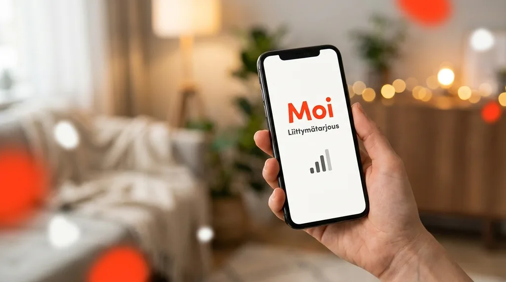 Käsi pitelee älypuhelinta, jonka näytöllä näkyy Moi Mobiilin liittymätarjous ja signaalipalkit