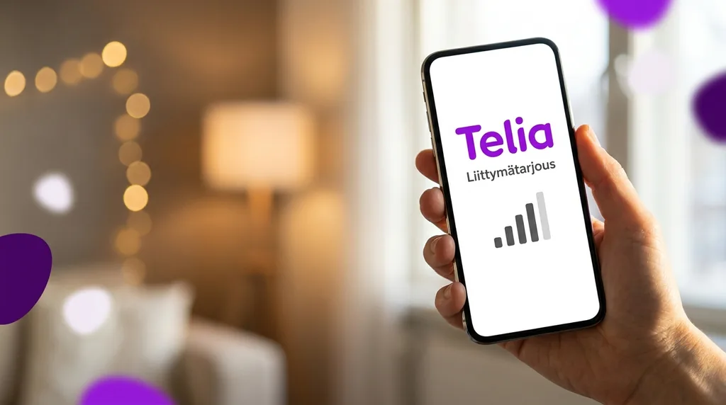 Käsi pitelee älypuhelinta, jonka näytöllä näkyy Telian liittymätarjous ja signaalipalkit